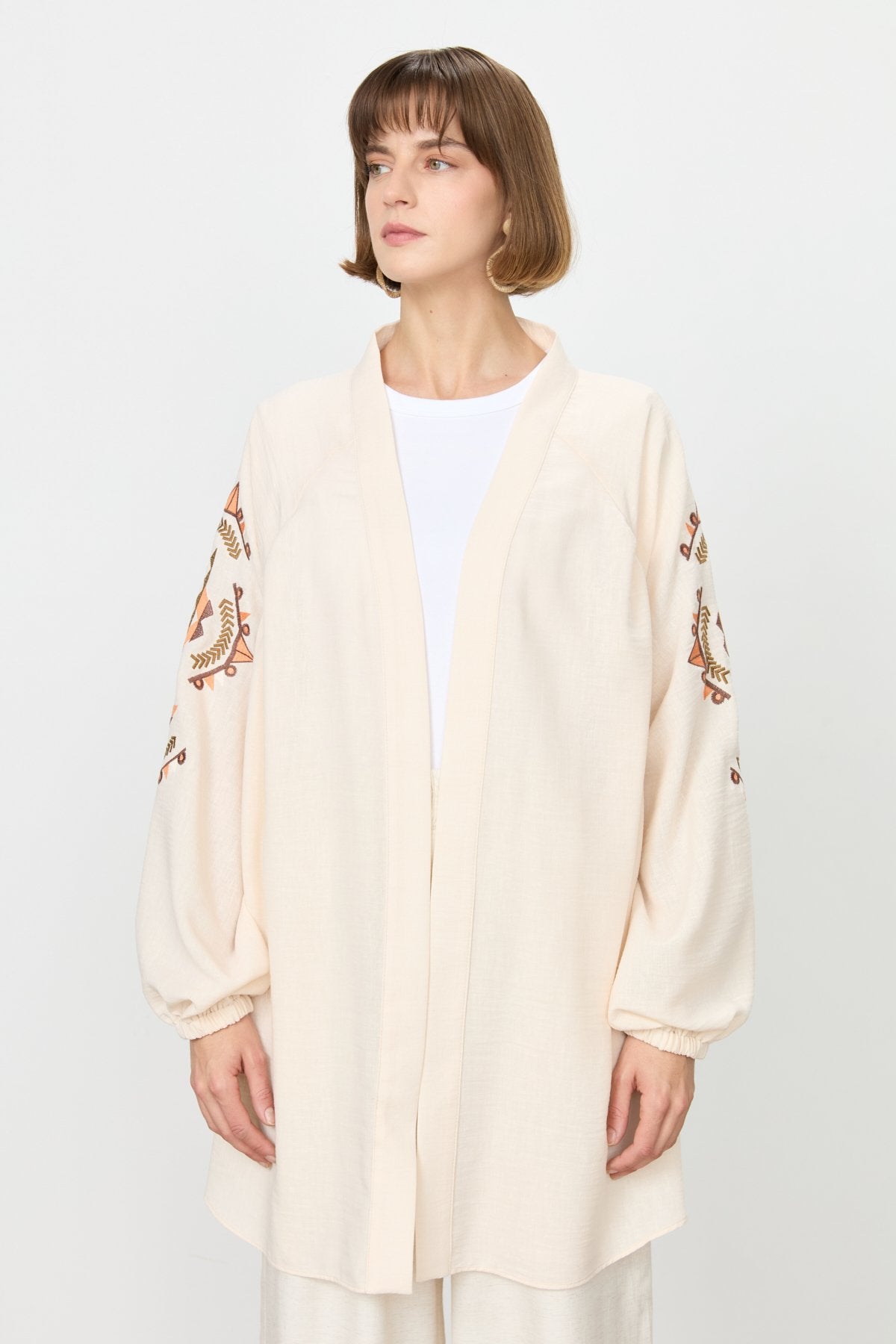 Nakış Detaylı Keten Kimono - Bej