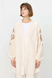 Nakış Detaylı Keten Kimono - Bej