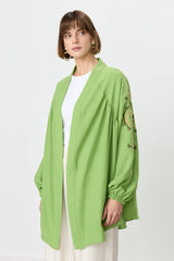 Nakış Detaylı Keten Kimono - Fıstık Yeşili
