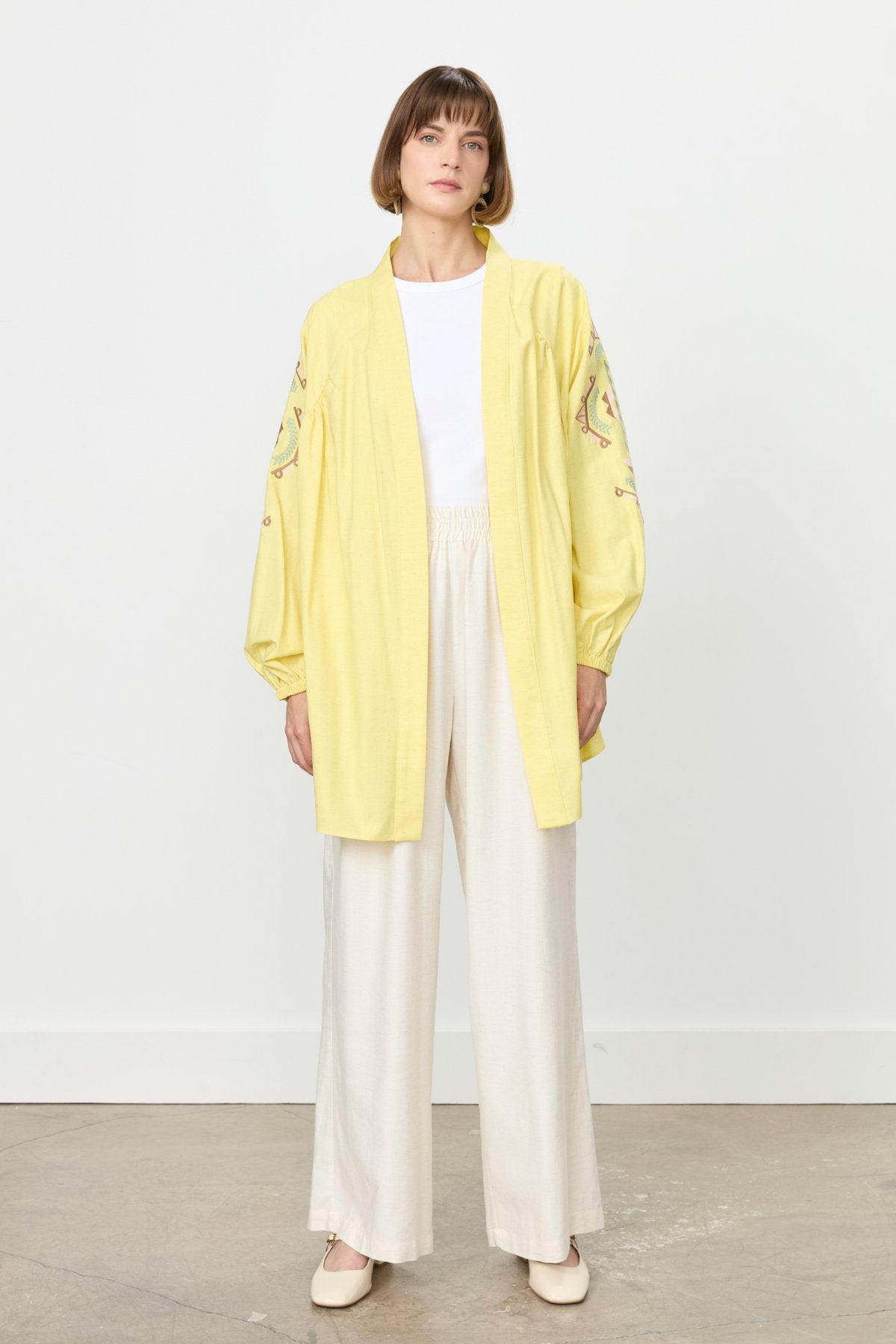 Nakış Detaylı Keten Kimono - Sarı