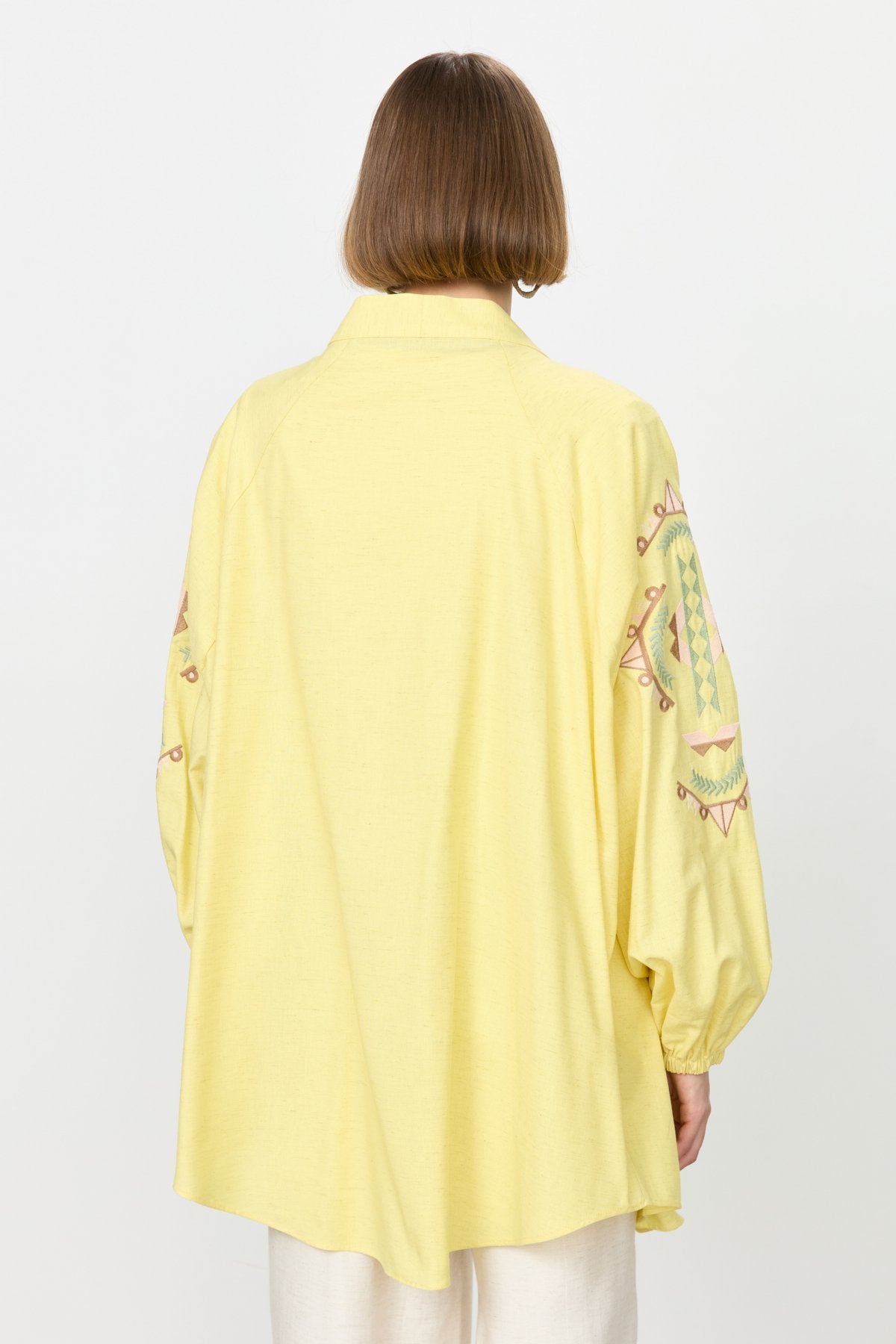 Nakış Detaylı Keten Kimono - Sarı