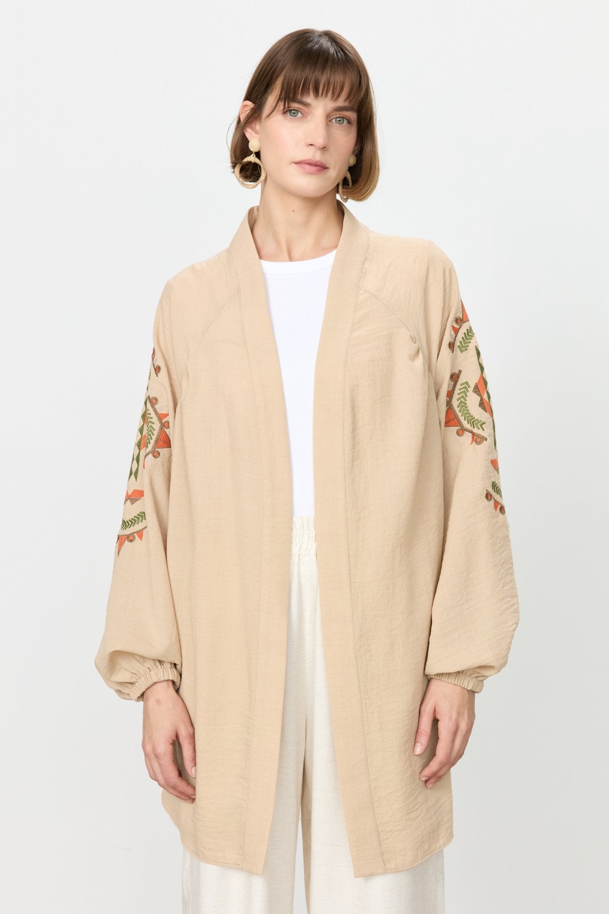 Nakış Detaylı Keten Kimono - Taş