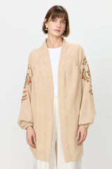 Nakış Detaylı Keten Kimono - Taş
