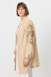Nakış Detaylı Keten Kimono - Taş