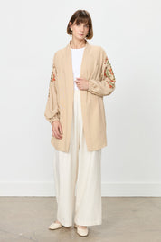 Nakış Detaylı Keten Kimono - Taş