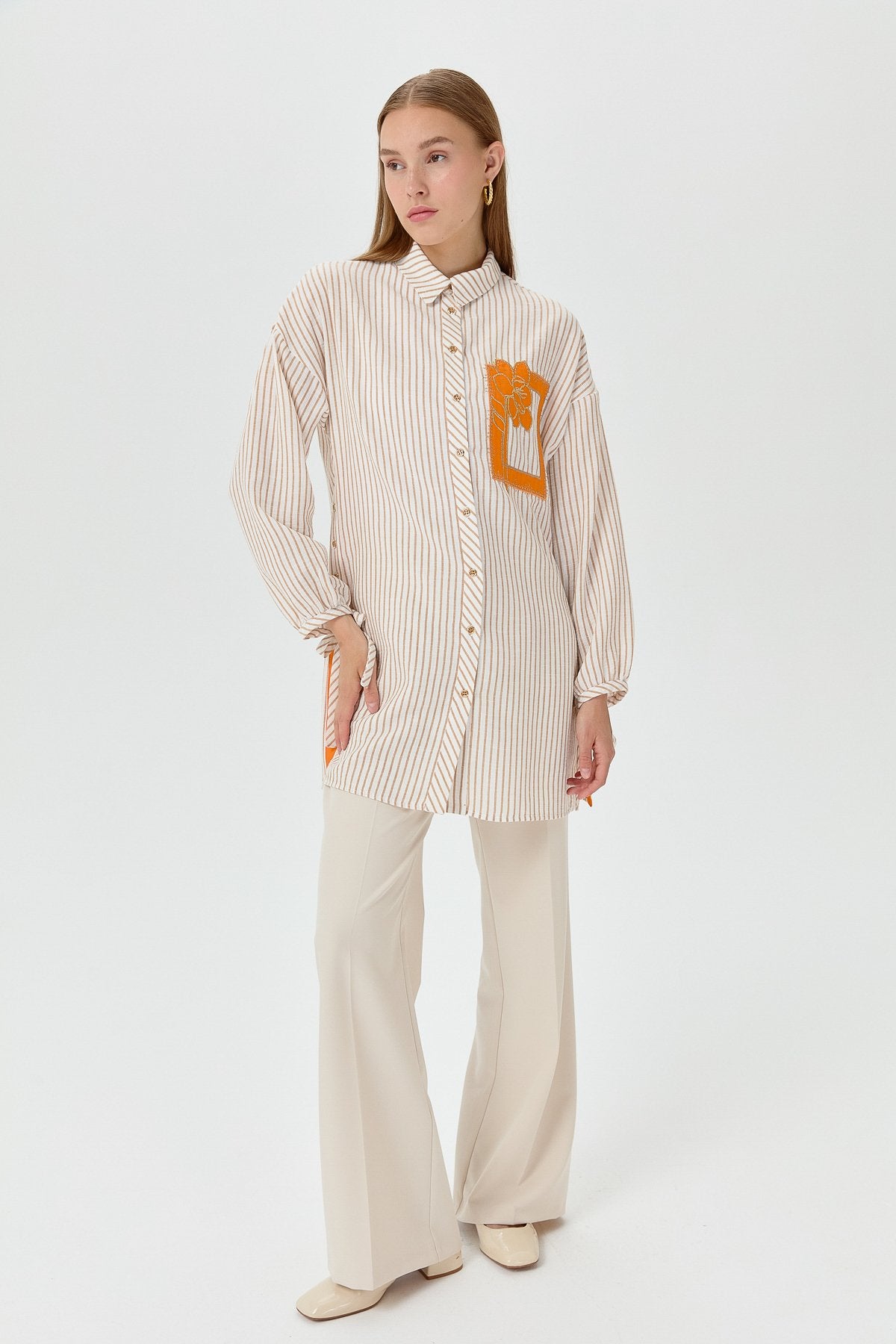 Embroidered Detail, Tie-Sleeve Shirt Tunic - Beige