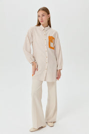 Embroidered Detail, Tie-Sleeve Shirt Tunic - Beige