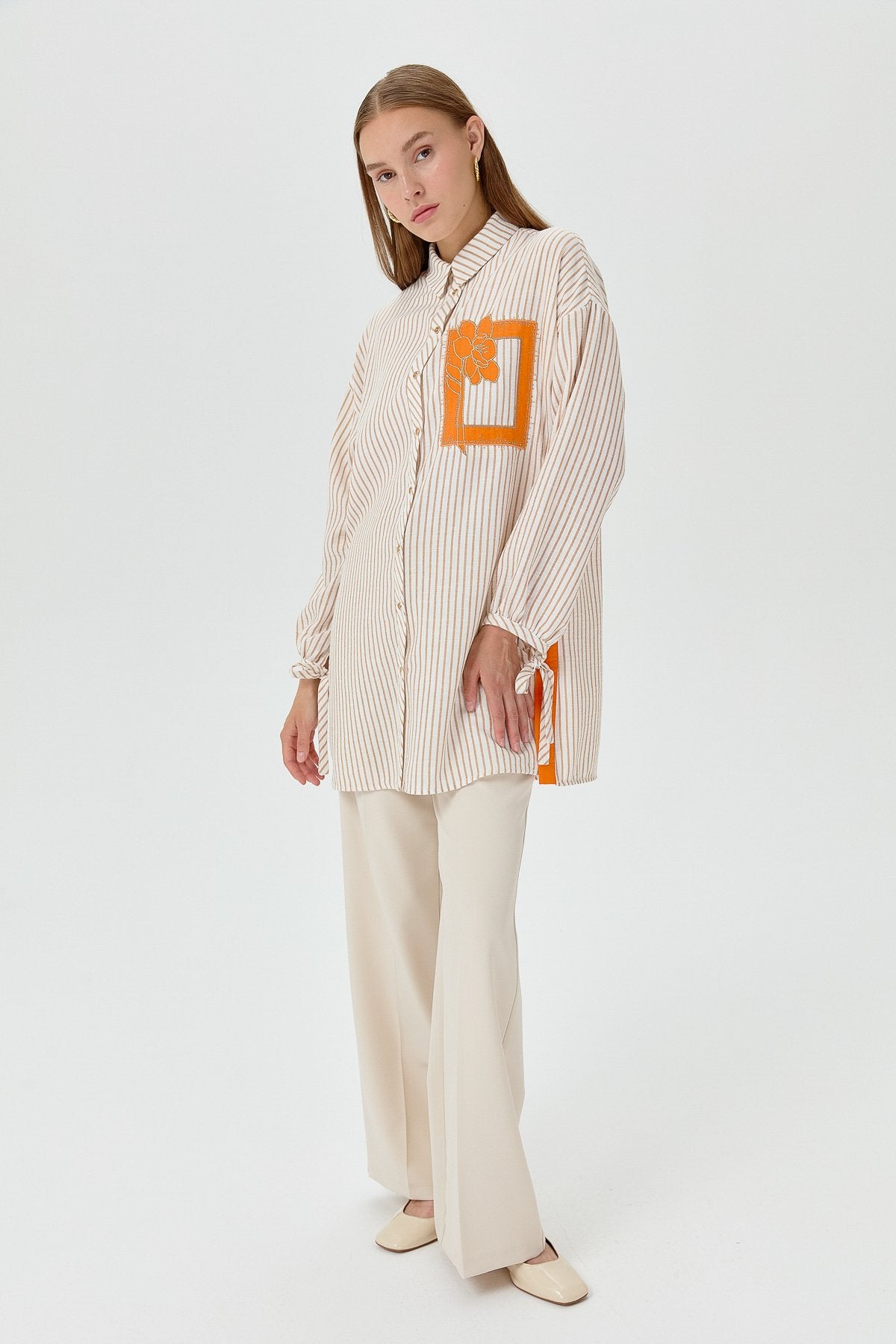 Embroidered Detail, Tie-Sleeve Shirt Tunic - Beige