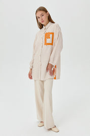 Embroidered Detail, Tie-Sleeve Shirt Tunic - Beige