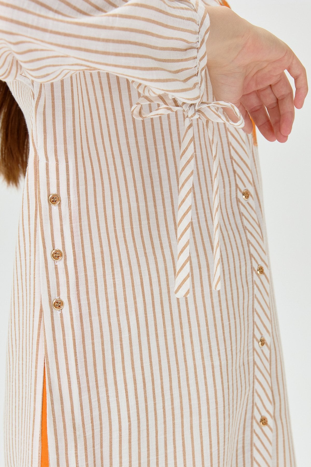 Embroidered Detail, Tie-Sleeve Shirt Tunic - Beige