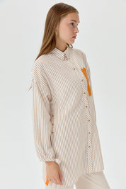 Embroidered Detail, Tie-Sleeve Shirt Tunic - Beige