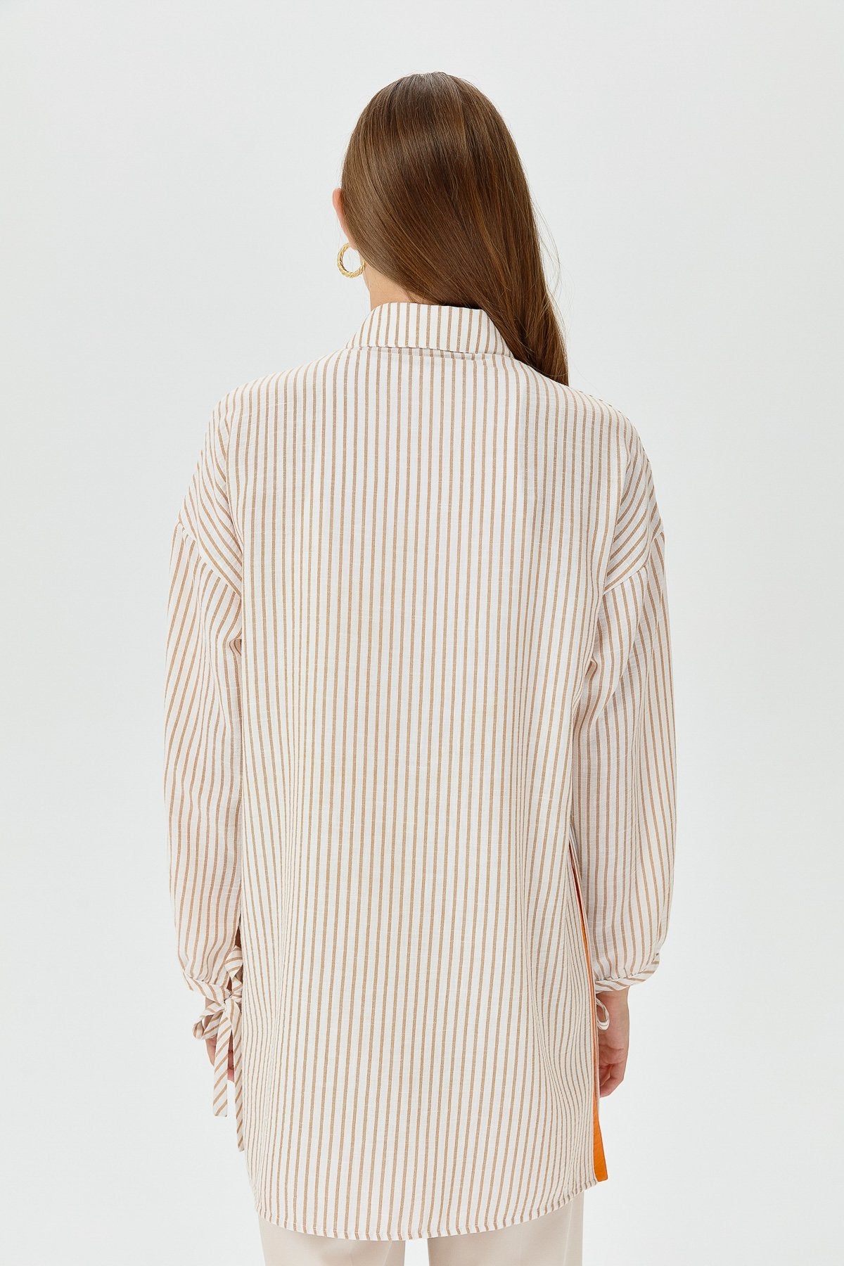 Embroidered Detail, Tie-Sleeve Shirt Tunic - Beige