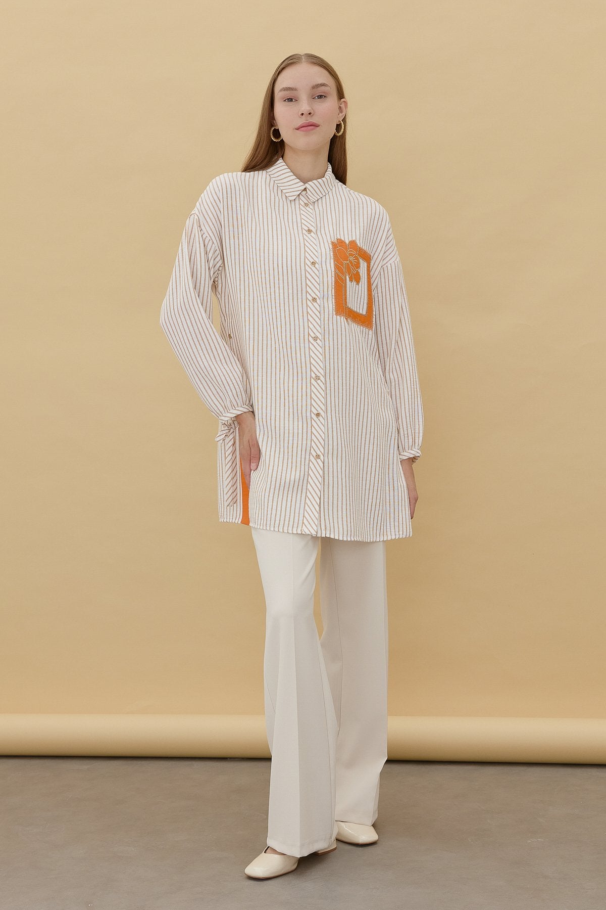 Embroidered Detail, Tie-Sleeve Shirt Tunic - Beige