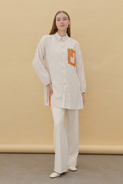 Embroidered Detail, Tie-Sleeve Shirt Tunic - Beige