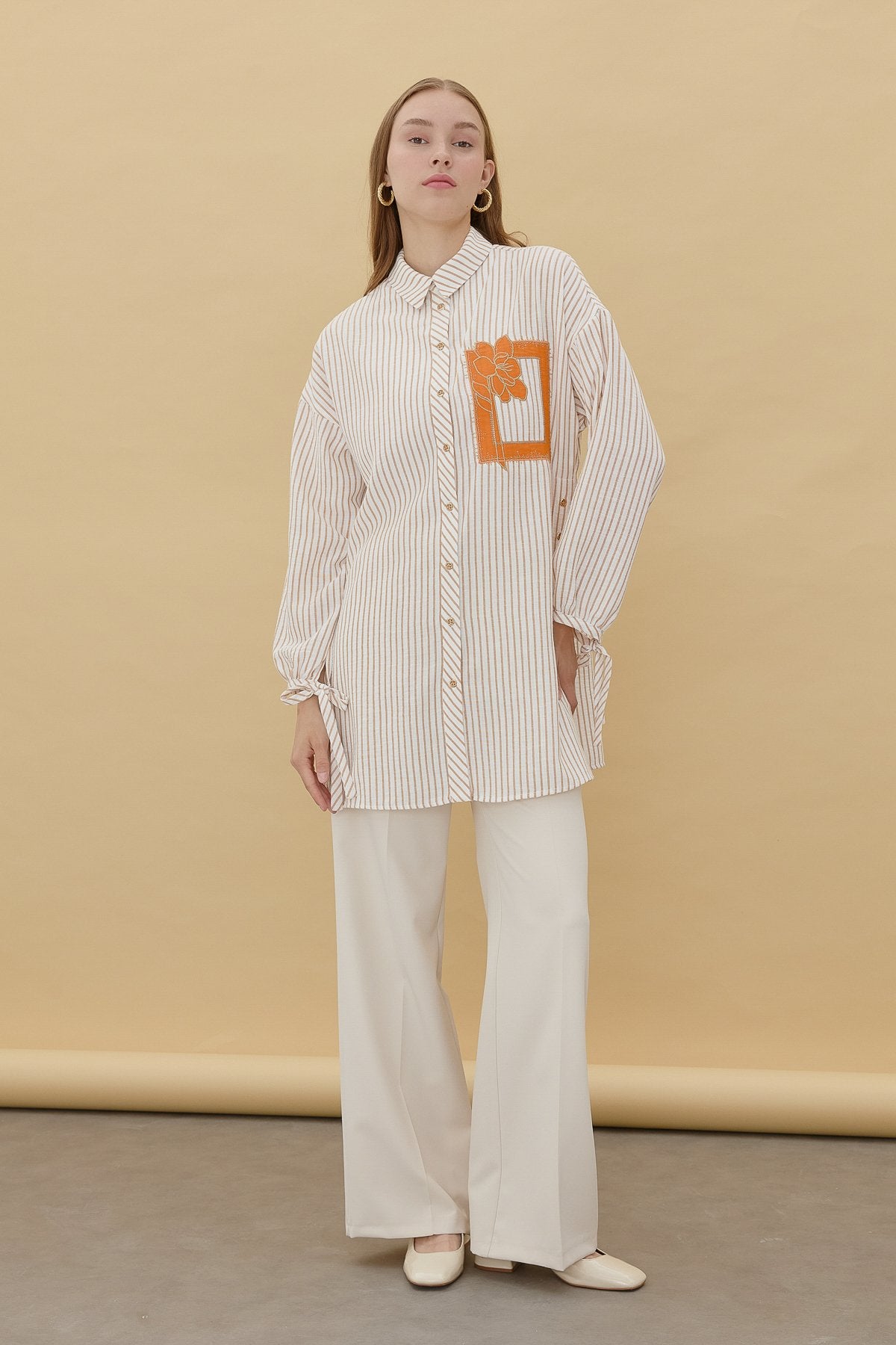 Embroidered Detail, Tie-Sleeve Shirt Tunic - Beige