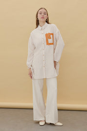 Embroidered Detail, Tie-Sleeve Shirt Tunic - Beige