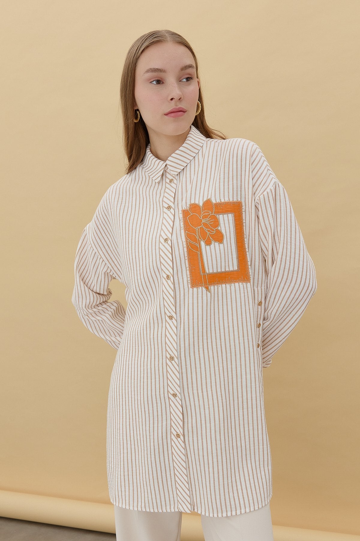 Embroidered Detail, Tie-Sleeve Shirt Tunic - Beige