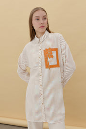 Embroidered Detail, Tie-Sleeve Shirt Tunic - Beige