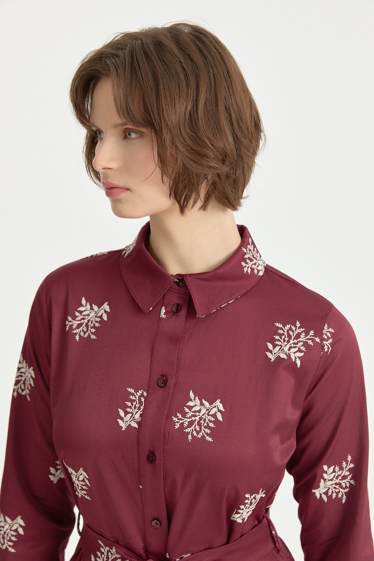 Embroidered Cotton Shirt Dress - Burgundy