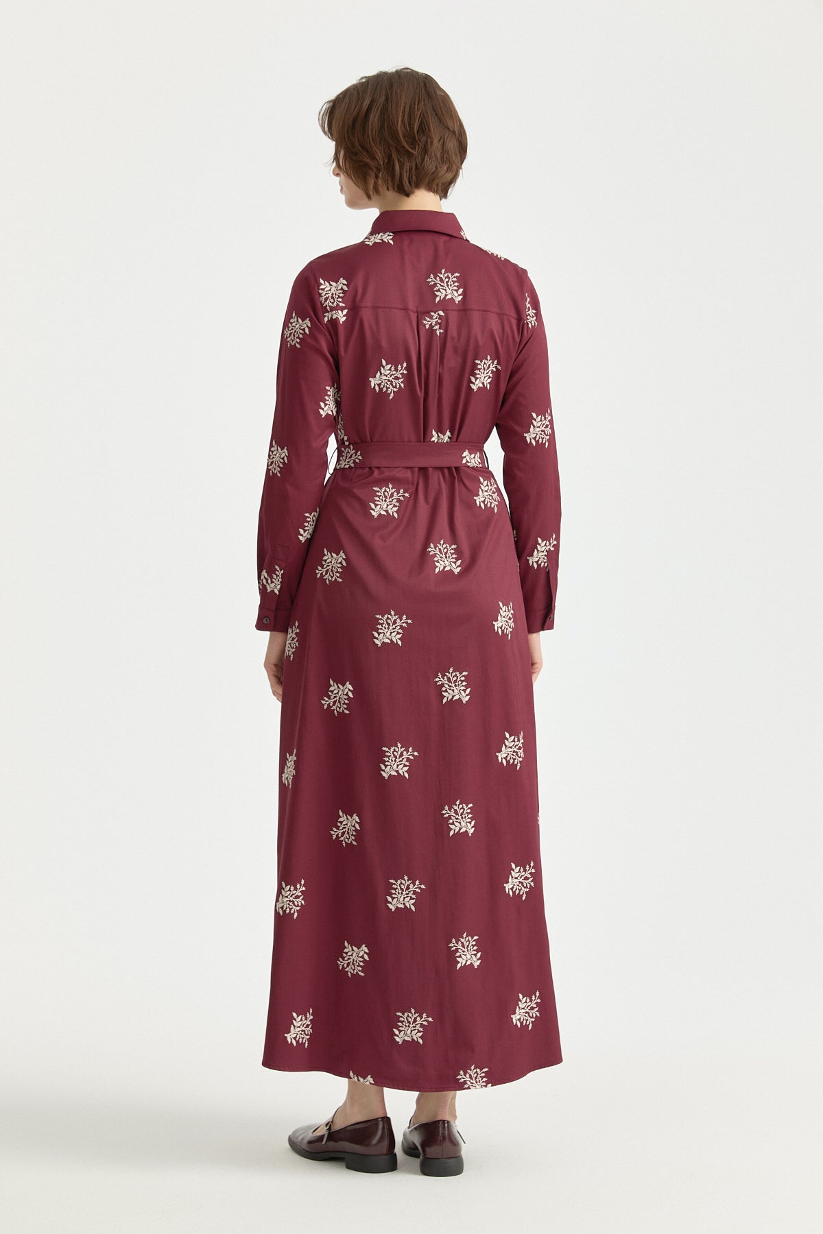 Embroidered Cotton Shirt Dress - Burgundy