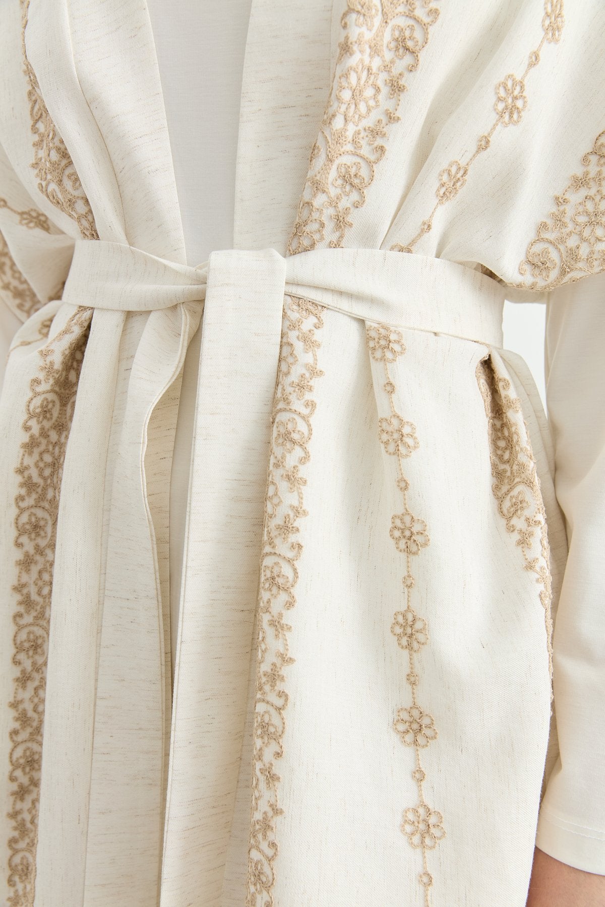 Nakış Detaylı Pantolon Kimono Keten Takım - Bej