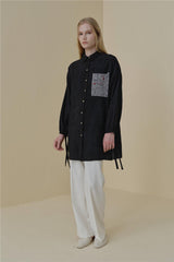 Embroidered Side-Button Viscose Tunic - Black