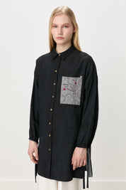 Embroidered Side-Button Viscose Tunic - Black