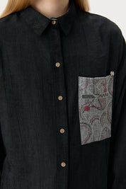 Embroidered Side-Button Viscose Tunic - Black