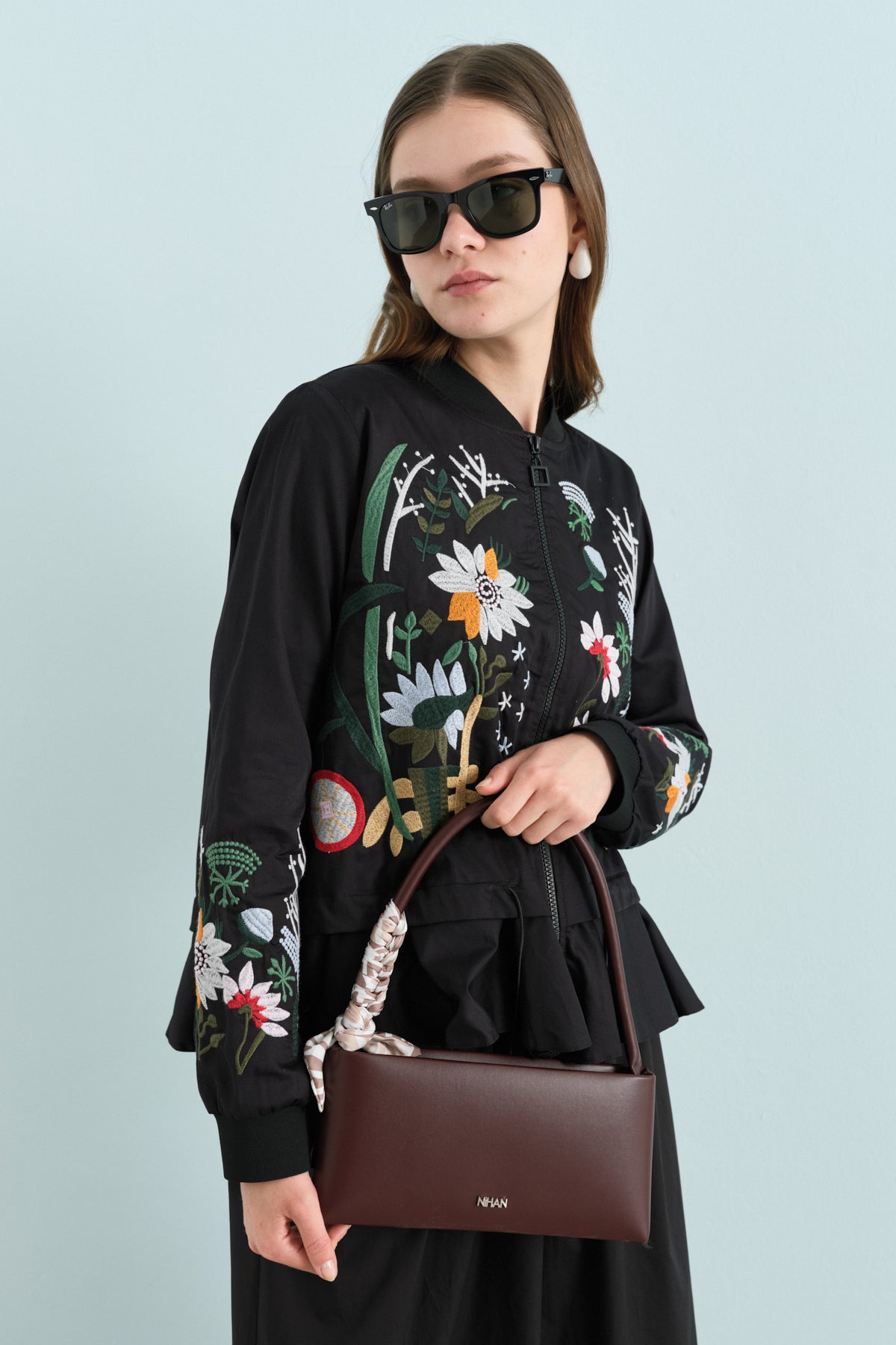 Embroidered Zippered Cotton Jacket - Black