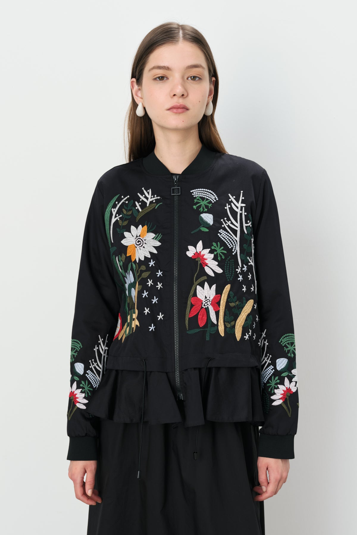 Embroidered Zippered Cotton Jacket - Black