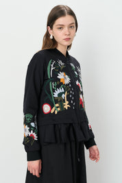 Embroidered Zippered Cotton Jacket - Black