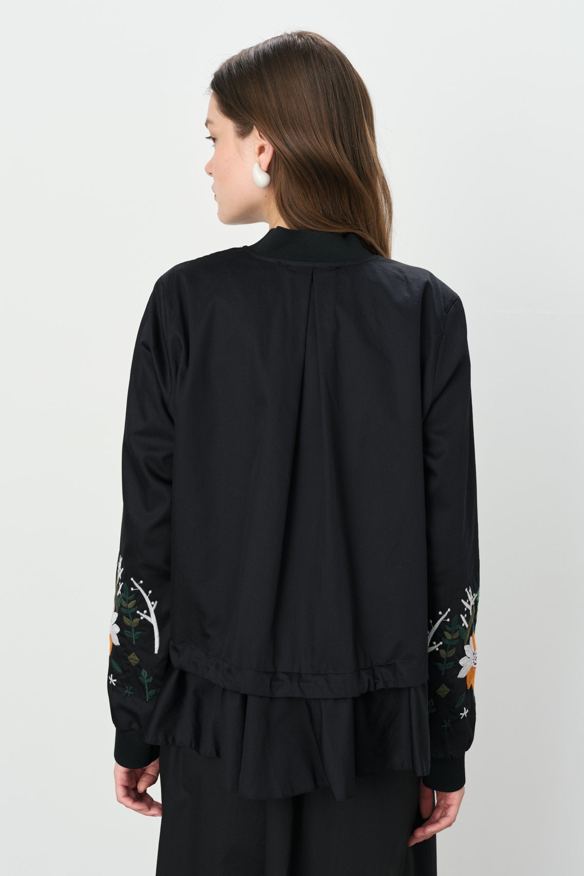 Embroidered Zippered Cotton Jacket - Black