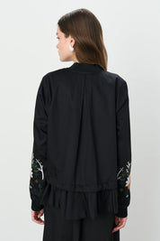 Embroidered Zippered Cotton Jacket - Black