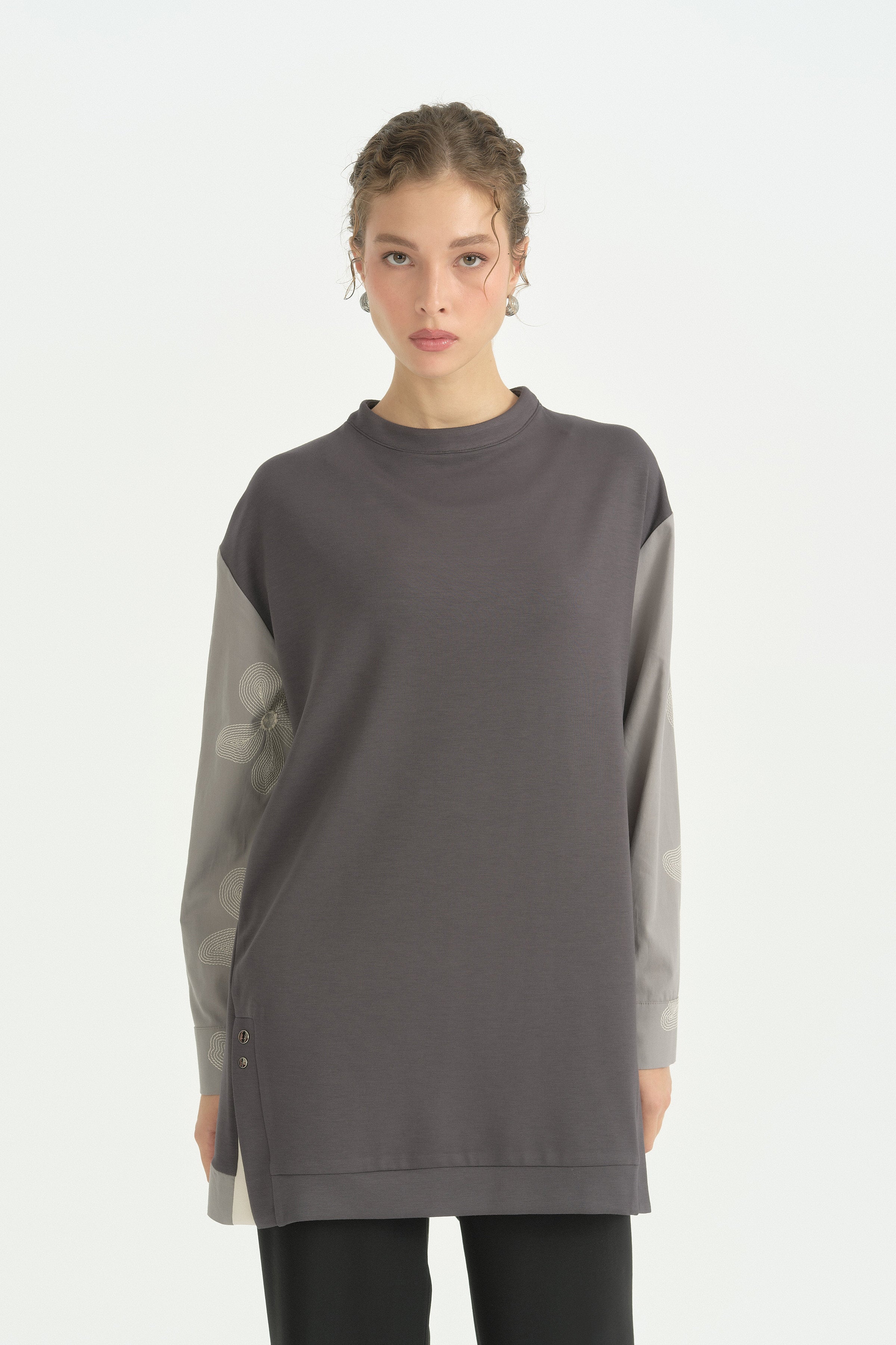 Nakış Mixli Örme Sweat - Füme