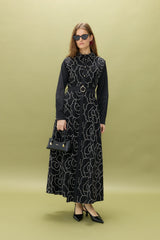 Embroidered Shirt Collar Cotton Dress - Black