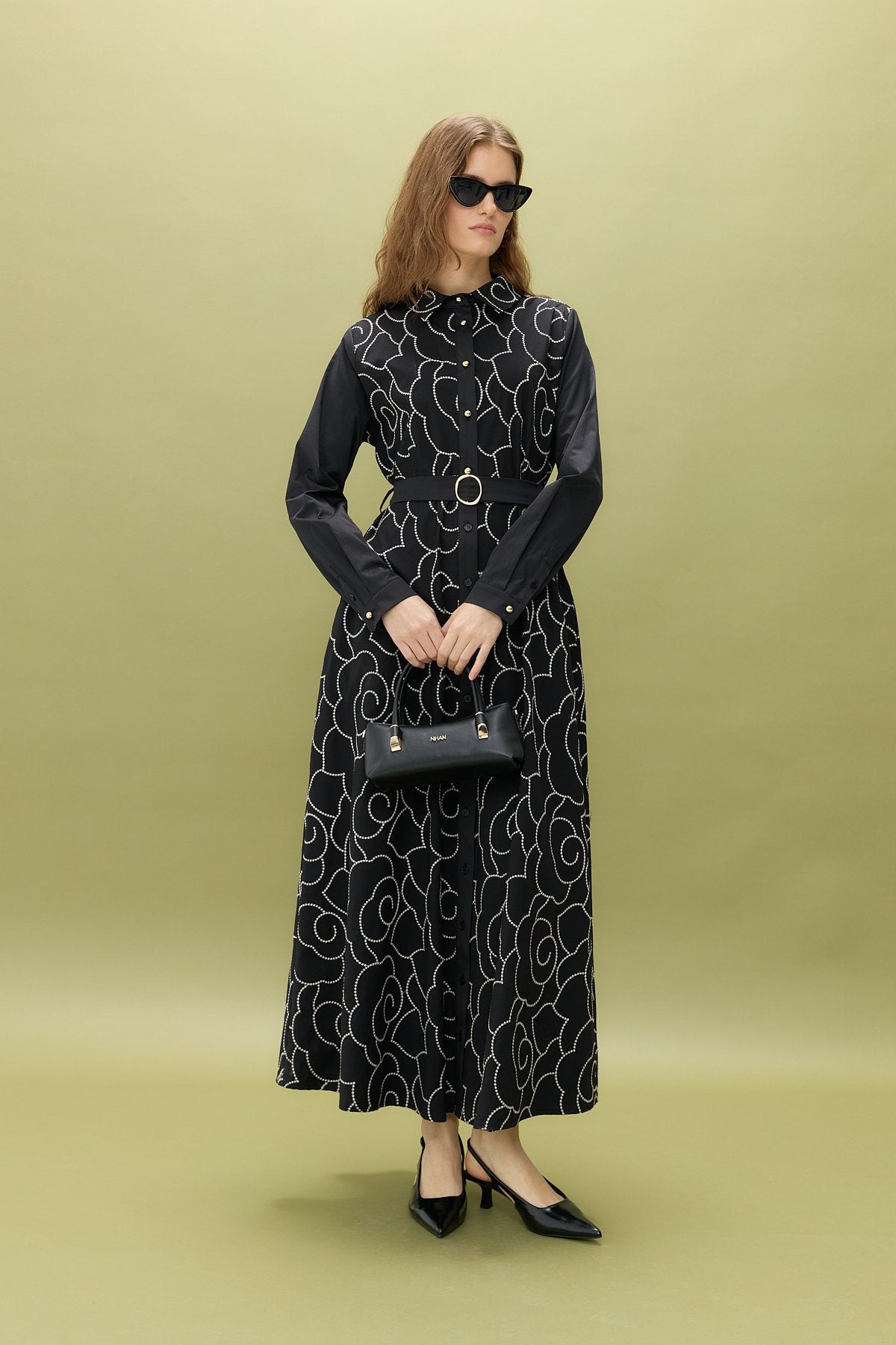 Embroidered Shirt Collar Cotton Dress - Black