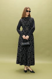 Embroidered Shirt Collar Cotton Dress - Black