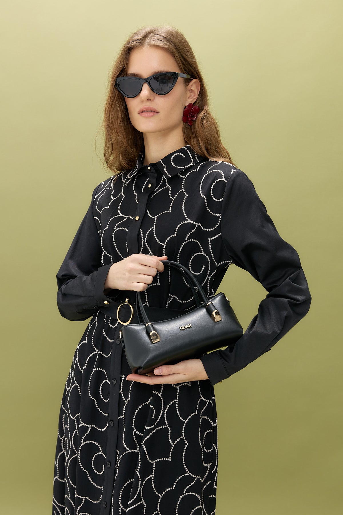 Embroidered Shirt Collar Cotton Dress - Black