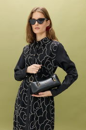 Embroidered Shirt Collar Cotton Dress - Black