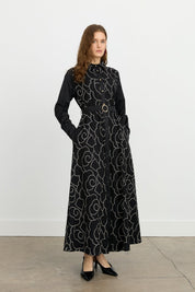 Embroidered Shirt Collar Cotton Dress - Black