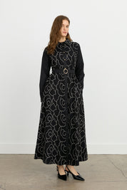 Embroidered Shirt Collar Cotton Dress - Black