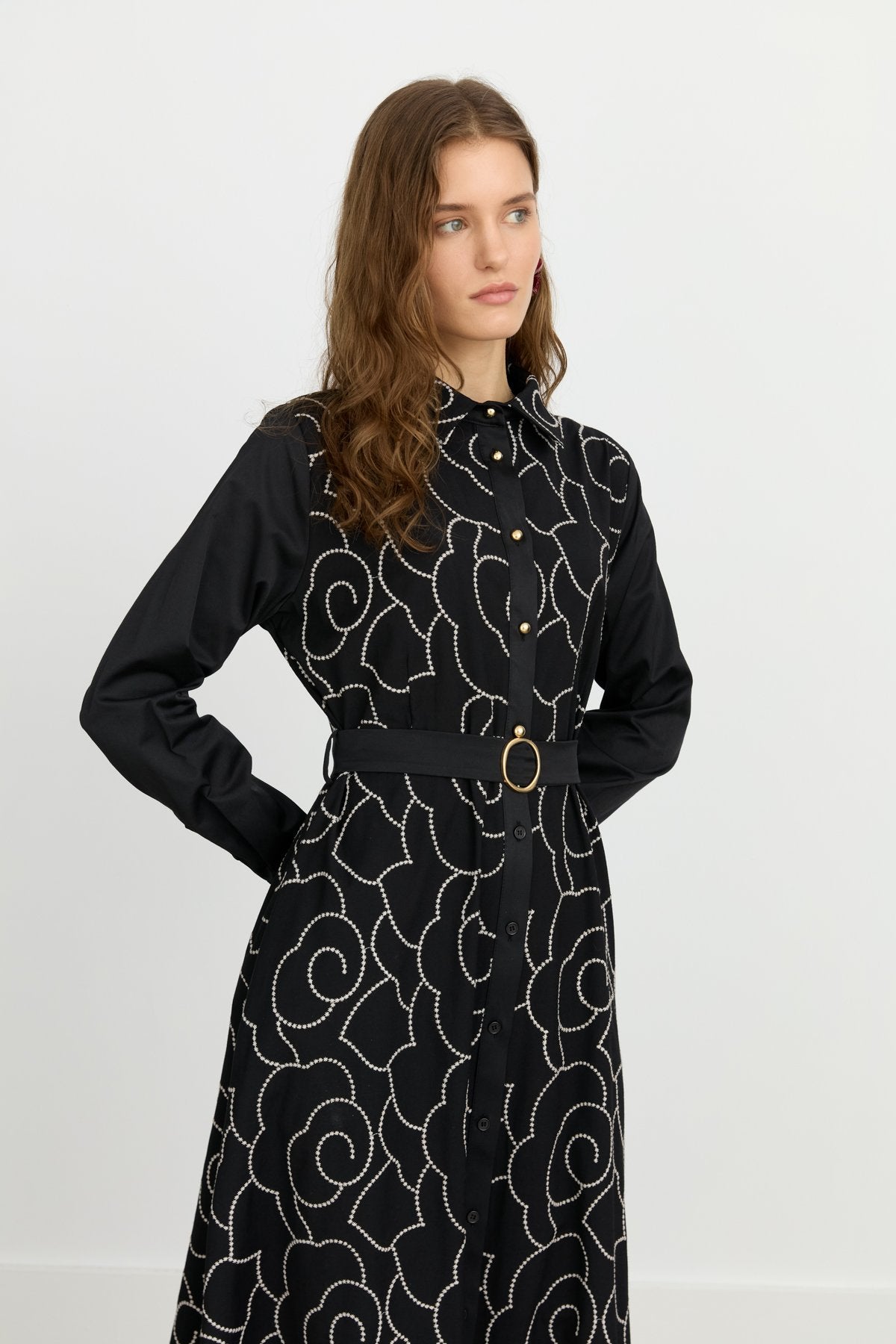 Embroidered Shirt Collar Cotton Dress - Black