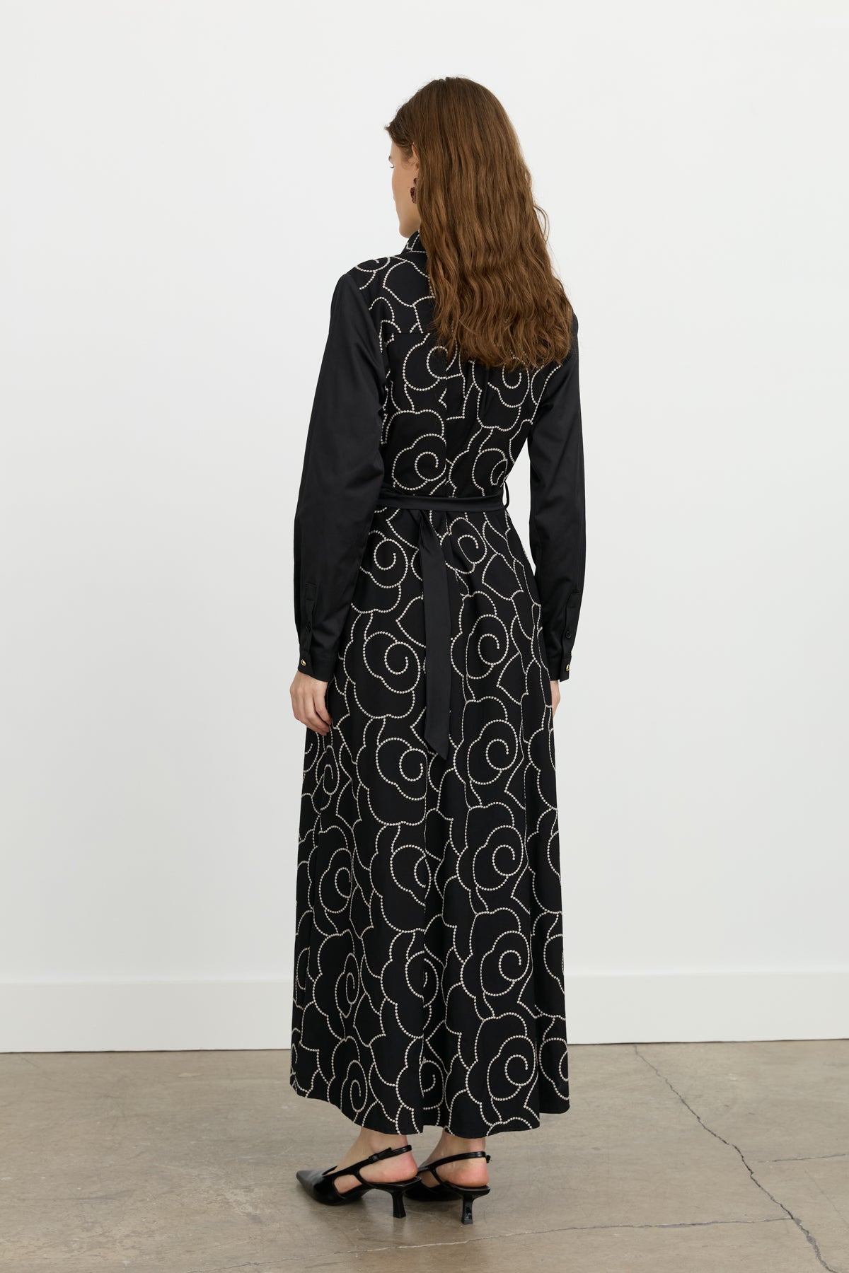 Embroidered Shirt Collar Cotton Dress - Black