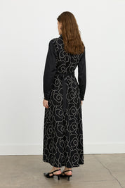 Embroidered Shirt Collar Cotton Dress - Black