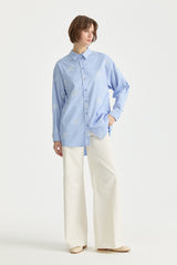 Embroidered Shirt Collar Cotton Tunic - Light Blue
