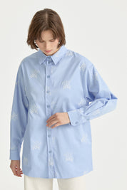 Embroidered Shirt Collar Cotton Tunic - Light Blue