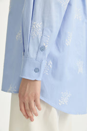 Embroidered Shirt Collar Cotton Tunic - Light Blue