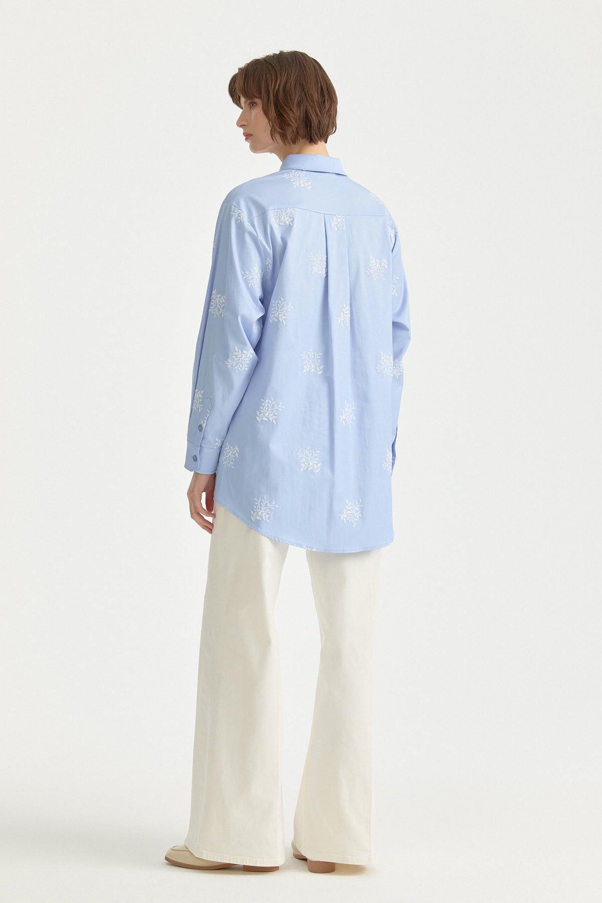 Embroidered Shirt Collar Cotton Tunic - Light Blue