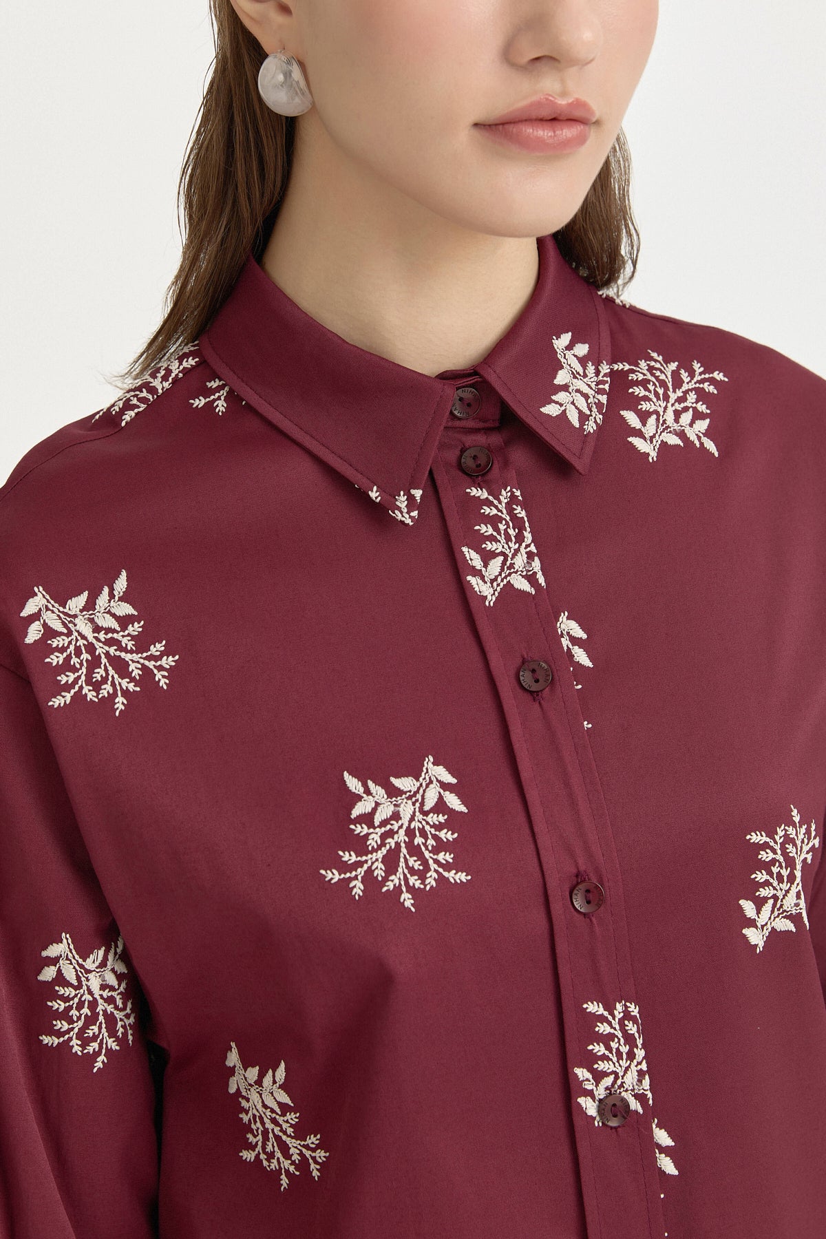 Embroidered Shirt Collar Cotton Tunic - Burgundy