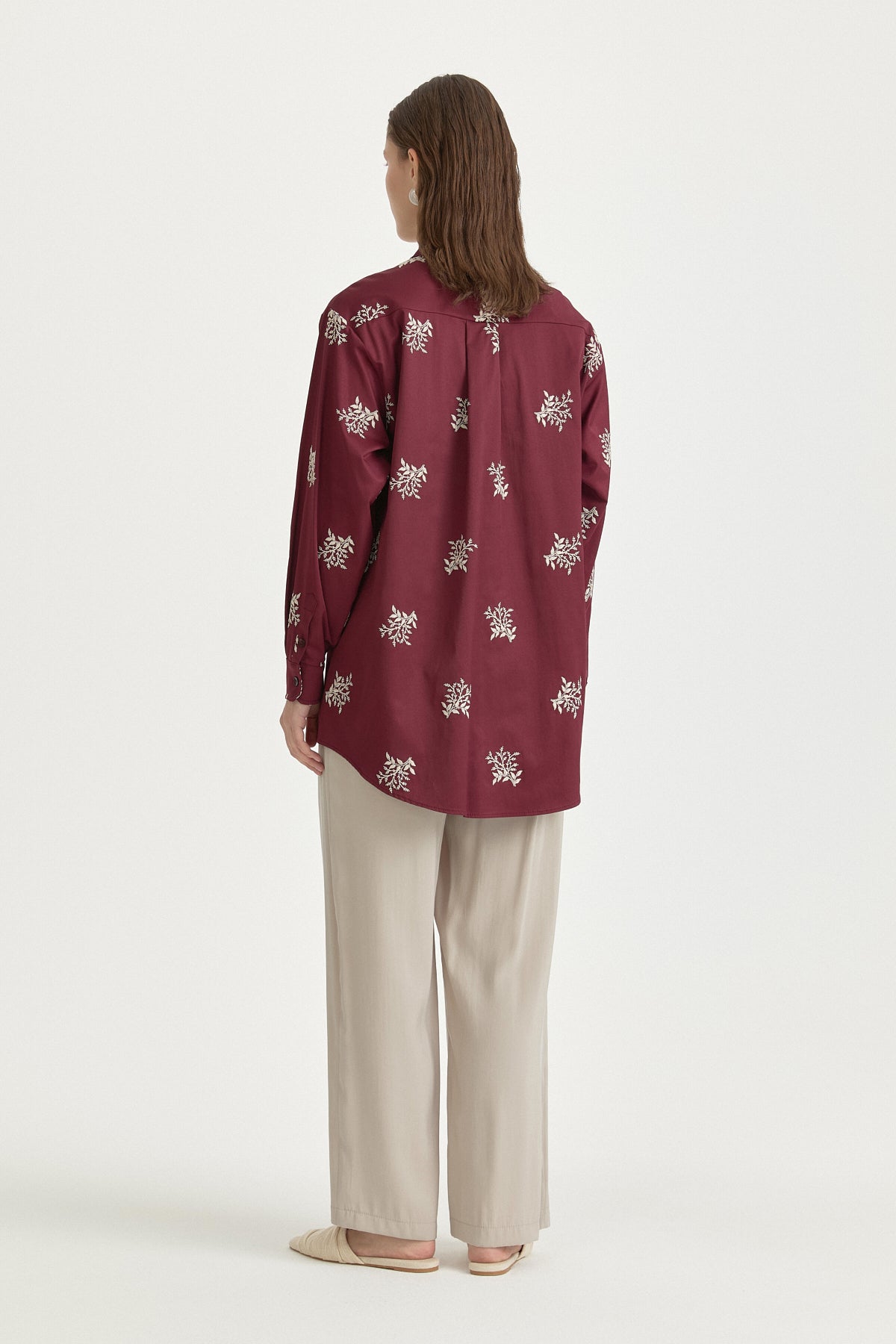 Embroidered Shirt Collar Cotton Tunic - Burgundy